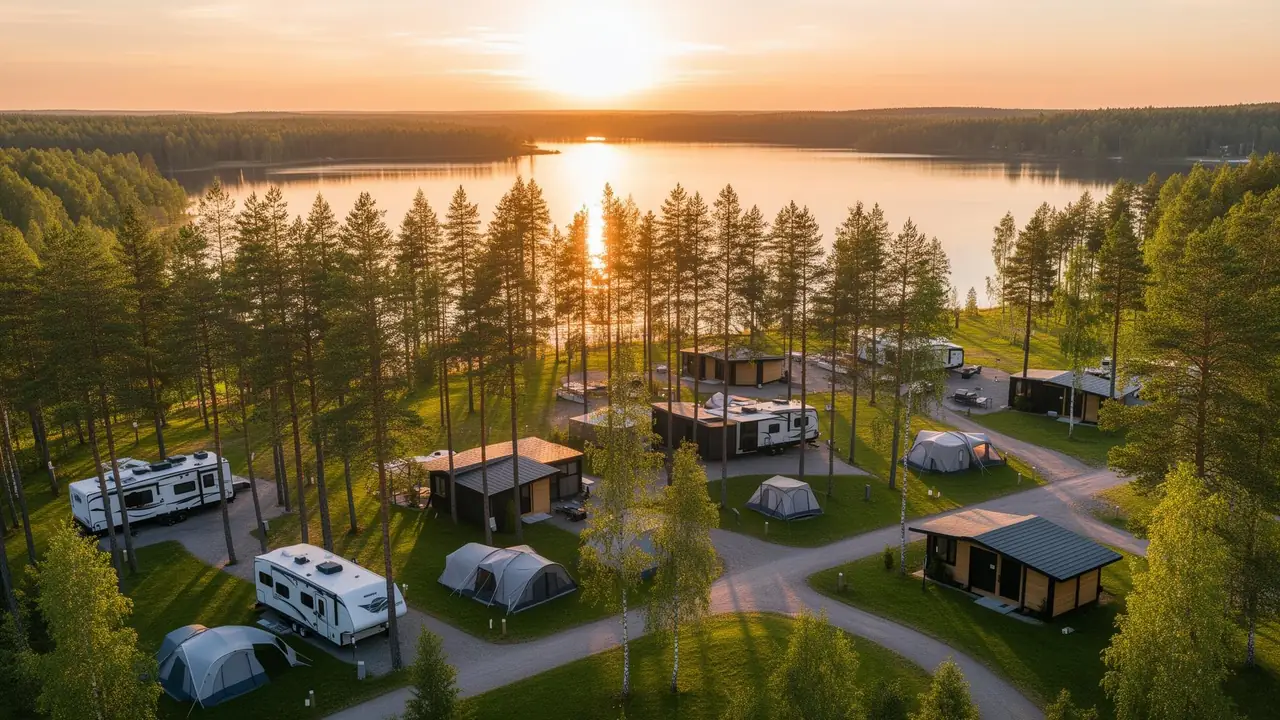 Campground with RVs and tents at sunset
